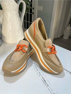 Softwaves Beige Leather Suede Perforated Slip-On Loafers with Orange Accents W39